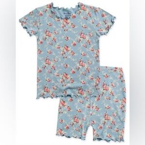 Girls Blue Floral Ribbed Pajama Set Soft Cozy Short Sleeve Size 12